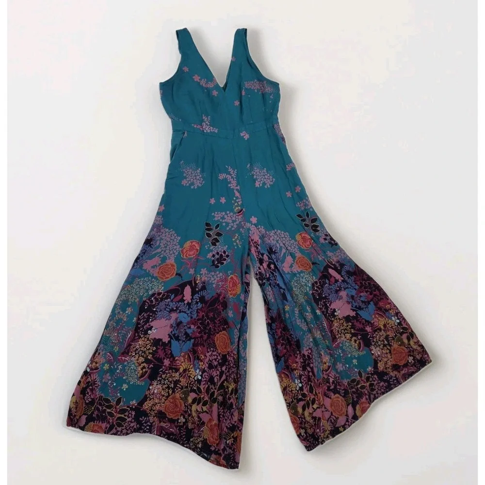 Anthropologie Maeve Floral Wide Leg Jumpsuit Teal Blue Sleeveless Sz 12 Boho